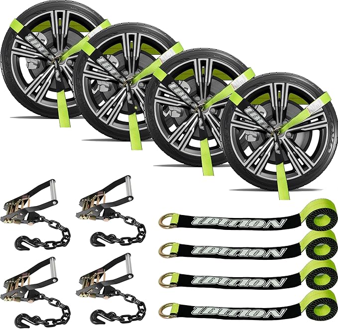 4 Pack Car Tie Down Straps for Trailers with Heavy Duty Chain Anchors 2" x 96" - 3,300 lbs Safe Working Load -Adjustable Wheel Straps with Chain Hook Anchors for Trailers.Green