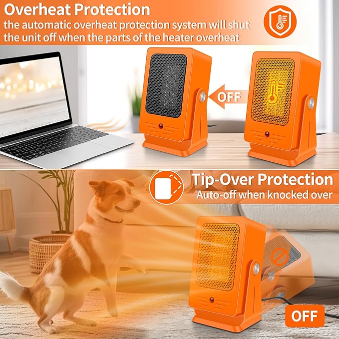 Portable Space Heaters for Indoor Use,Desktop Heater with 900W PTC 2s Fast Heating, 30° Adjustable Angle Design Small Electric Heater Lightweight for Personal, Office,Room,Orange