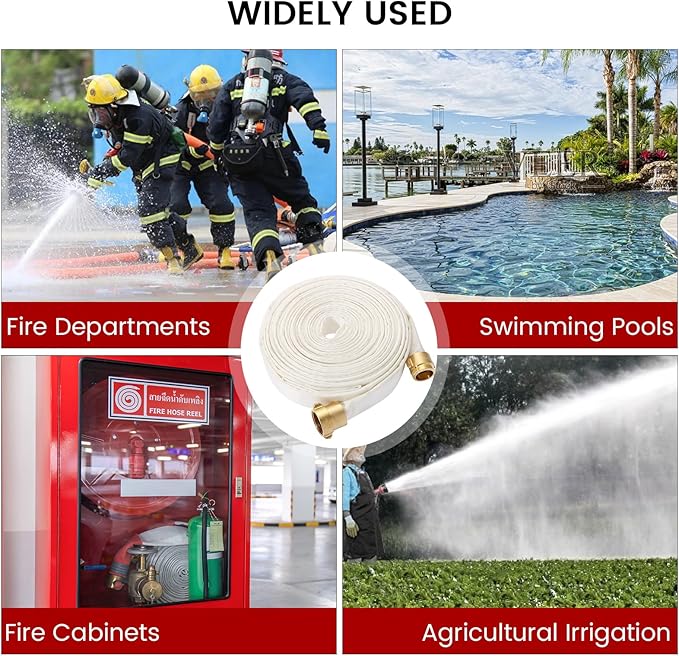 Fire Hose, 1-1/2" ID x 100 FT Firefighter Hose, White Industrial Flat Water Hose with M x F NST/NH Brass Couplings for Indoor Outdoor Fire, Home Garden Irrigation