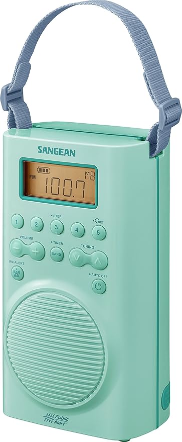 Sangean H205TQ Portable AM/FM/Weather Alert Digital Tuning Waterproof Shower Radio, Turquoise