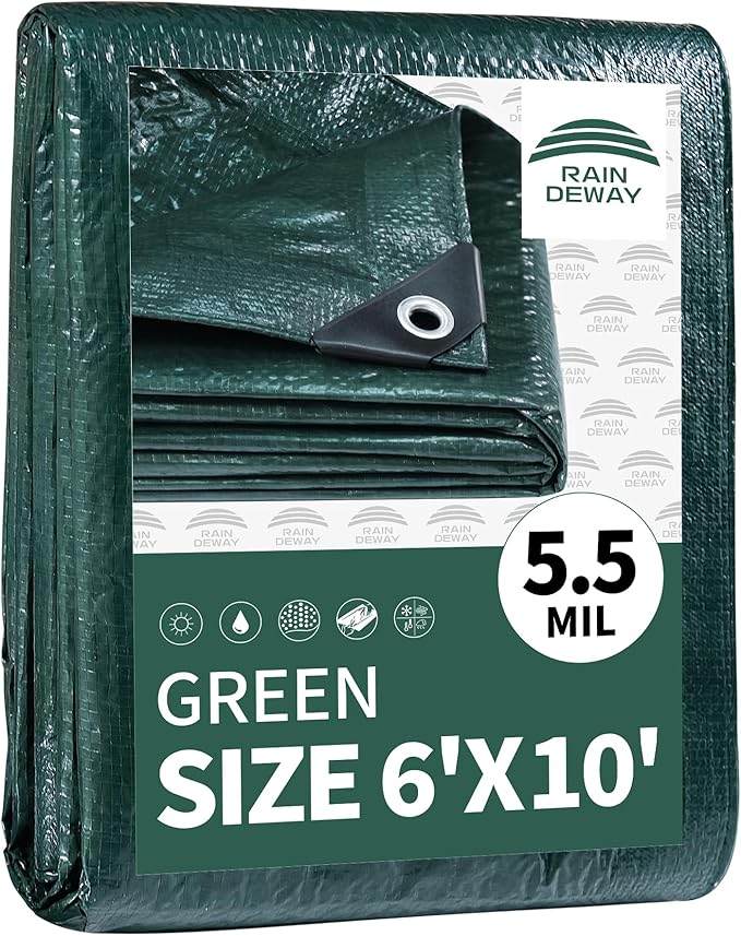RAINDEWAY Tarps 6x10 Feet,Small Tarp Waterproof,5.5 Mil Thick, Multipurpose Waterproof Poly Tarp Cover with Metal Grommets and Reinforced Edges,Green Tarps