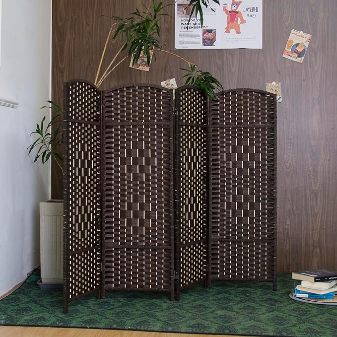 4 Panel Rattan Divider Short Room Partition Screen,Double Sided Folding Divider for Room Separation,Dark Brown,47.2" H x 63" W