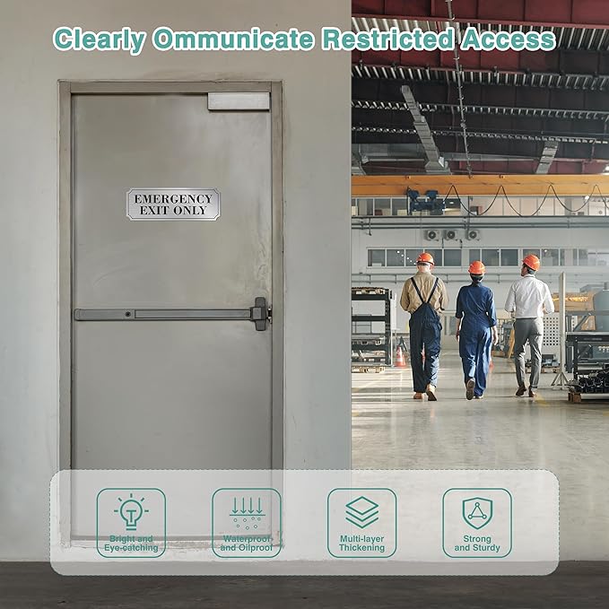 2PCS Emergency Exit Only Signs Sticker，Self Adhesive Water & Fade Resistant Black Silver Exit Only in Emergency Sign for Business, Schools, Offices, Storage Rooms, Hospitals