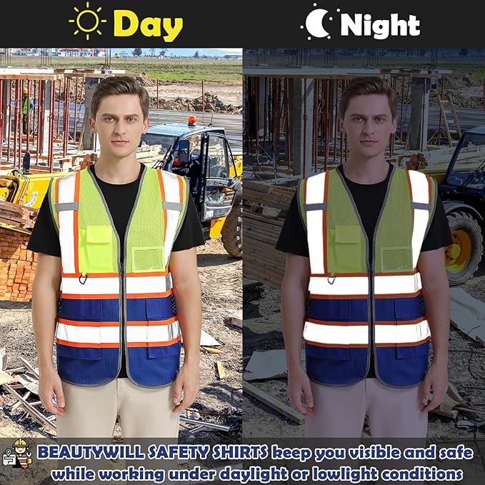 BeautyWill 10 Pack Custom Logo Safety Vest ANSI Class 2 High Visibility Reflective Vest Personalized Construction Vest Bulk