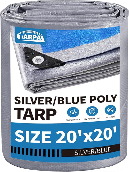 TARPAL Tarp 20x20 Feet Waterproof Large tarps 7.5mil Multipurpose Protective for Outdoors,UV Protection,Rip and Tear Proof,Poly Tarpaulin(Silver/Blue)