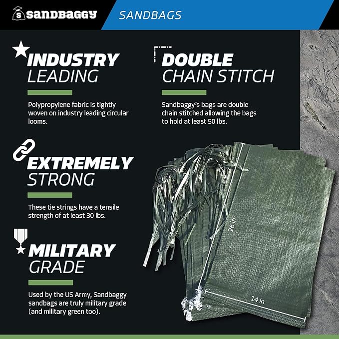 Sandbaggy - Heavy Duty Empty Sandbags For Flooding (14" X 26") - Poly Sand Bags - Flood Barrier, Weight, Construction, Earth Bag Homes - Reusable, UV Resistant - Tie Strings Attached (100 Bags)