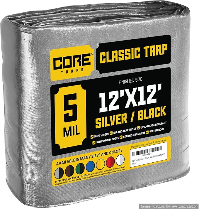 Core Tarps Classic 5 Mil Tarp Cover, Waterproof, UV Resistant, Rip and Tear Proof, Poly Tarpaulin with Reinforced Edges for Roof, Camping, Patio, Pool Cover, Boat (Silver/Black 12′ X 12′)