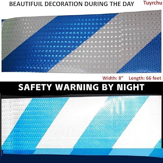 Reflective Tape Blue White 8 Inch x 68 Feet, Safety Caution Reflector Strips, Hazard Conspicuity Warning Stickers