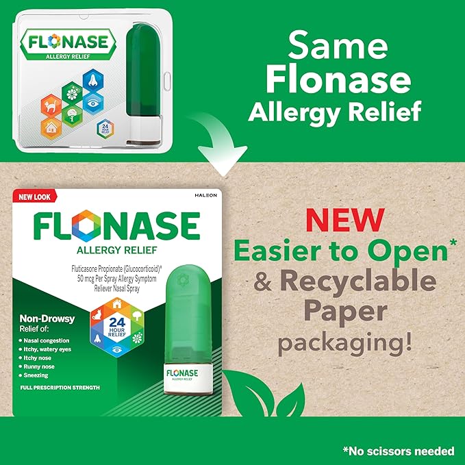Flonase Allergy Relief Nasal Spray, 24-Hour Non-Drowsy Multi-Symptom Relief 144 Sprays, Bonus Pack of Tissues