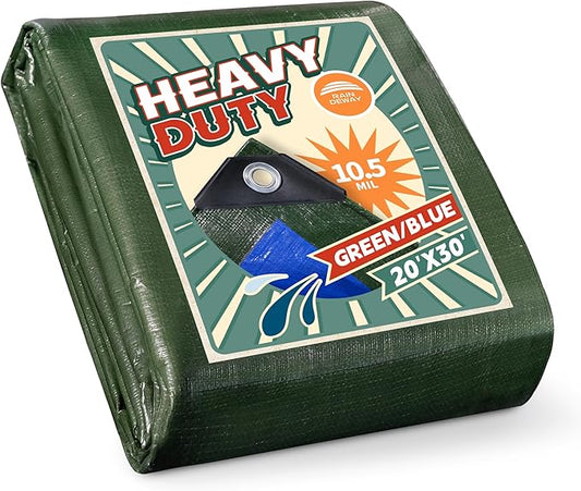 RAINDEWAY Tarps Heavy Duty Waterproof 20x30 Feet,10.5 Mil Waterproof Tarps for Outdoors,Multipurpose Poly Tarp Cover with Metal Grommets and Reinforced Edges,Green/Blue