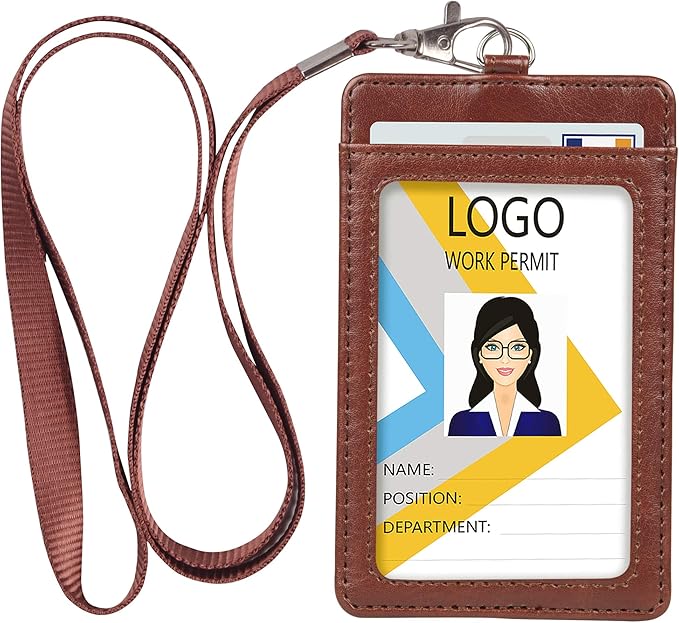 Teskyer Badge Holder with Lanyard, Leather ID Name Badge Card Holder with Lanyard for ID Badges, Vertical Brown