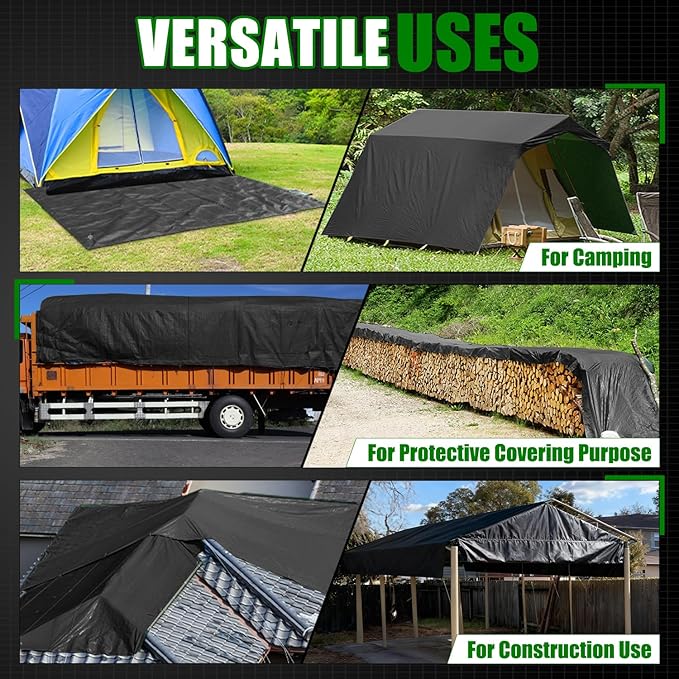 Sunvigor Tarp Waterproof 10x20Ft, Extra Thick 16 Mil Heavy Duty Tarp Cover, Tear & Fade Resistant, Outdoor Tarps with Brass Grommets and Reinforced Edges for Roof, Camping, Patio, Boat (Black/Green)