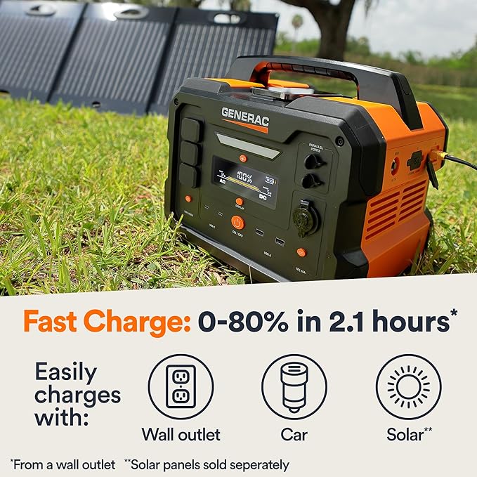 Generac 1086Wh Portable Power Station with Lithium-Ion Battery - Clean, Emission-Free Power - Wirless Charging Pad and Compact Design - Camping, RV, Indoor/Outdoor Use - Orange/Black