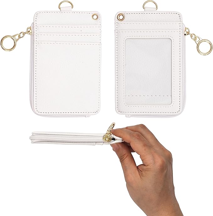 2-in-1 ID Badge Holder & Lanyard Wallet - Multi-Use Womens Small Wallet with Removable Wristlet & Neck Lanyard, Clear Window, 5 Card Slots, Phone Holder, Ring Keychain - Off White