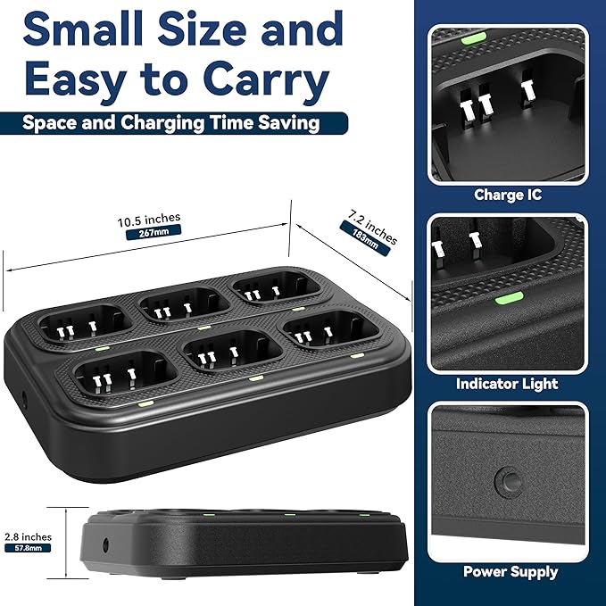 SAMCOM Six Way Charger Multi Unit Charger Station Compatible for FPCN30A Walkie Walkie Talkies and 1500mAh Battery, 6-in-1 Charging Base with Removable AC Adapter Cable (1 Pack, Not Included Radios)