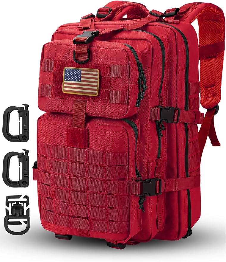 MOLLE Assault Backpack, Tactical Backpack Military Army Camping Rucksack, 3-Day Pack Trip w/USA Flag Patch, D-Rings, Red