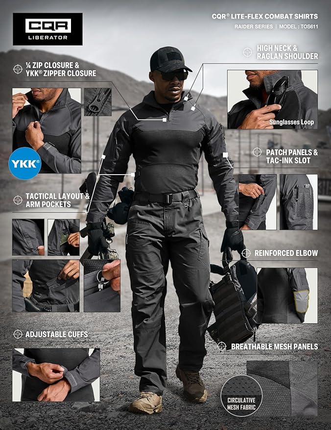 CQR Men's Combat Shirt Tactical 1/4 Zip Long Sleeve Military BDU Shirts Camo EDC Top with Pockets