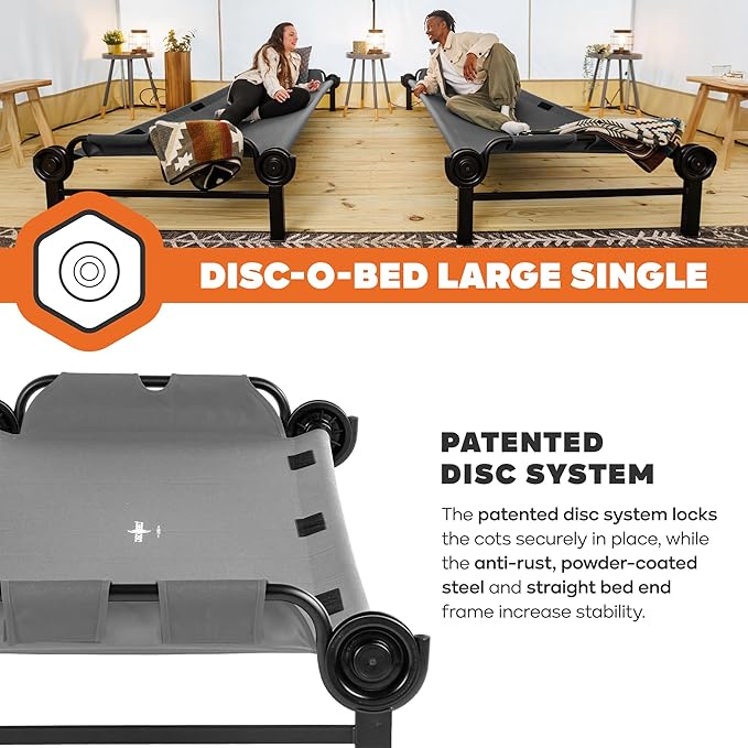 Disc-O-Bed Large Outdoor Modular 1 Person Single Camping Cot Portable Bed for Adults, Sleep Solution for Tents, Grey
