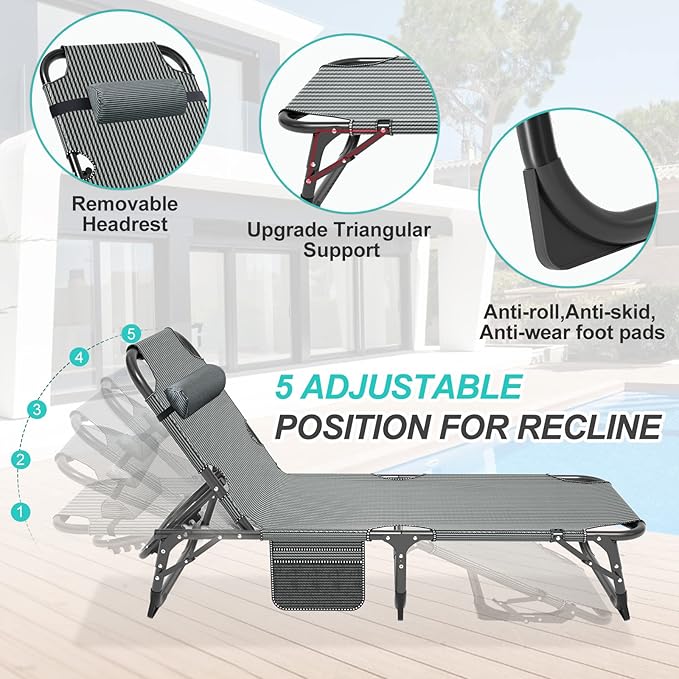 ABORON Patio Lounge Chair, Folding Guest Bed Cot for Adults, 500LB Heavy-Duty Capacity, Portable Extra Bed with Comfort Mat, Quick Fold Design for Indoor Guest Stays & Temporary Use