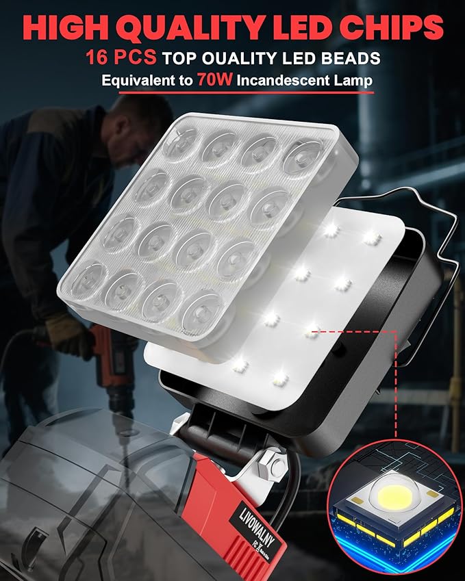 LIVOWALNY LED Work Light Compatible with Milwaukee 18V Battery, 2PCS 70W Portable Flood Light with USB Type-C Charger Port, Cordless Tools Flashlight for Construction Car Repairing Emergency, 7000 LM