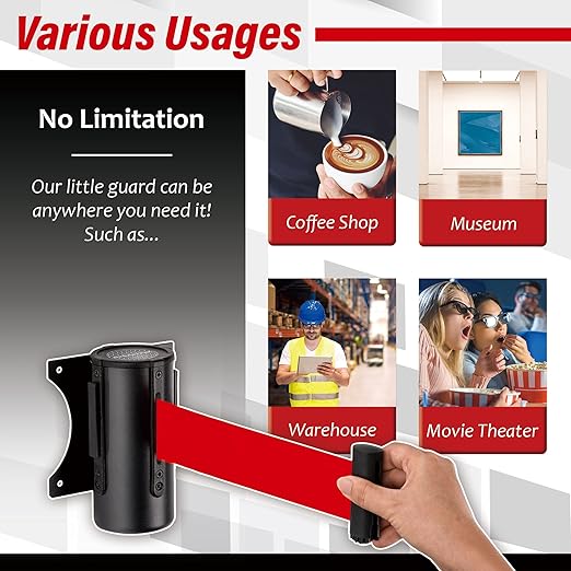 DuraSteel Wall Mount Retractable Belt Barrier - 9.2 Ft Red Safety Belt in Sturdy Black Casing - Guardian 1.0 Indoor & Outdoor Do Not Cross Caution Tape for Crowd Control Queue Barrier, Line Divider