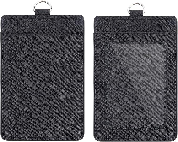 2 Pack Badge Holders and Heavy Duty Retractable Reel Clips Set, Vertical Leather ID Badge Holders with 1 Clear ID Window & 2 Credit Card Slots (Black-2pcs)'
