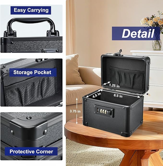 Adazzo Lockable Medicine Storage Box - Shiny Black Cabinet Med Lock Organizer, 7 * 5.25 * 5.75 Inches Safe Case with Combination Lock for Home, Dorm, Office, or Travel - Mini Size