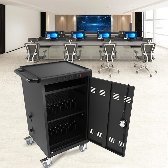 36-Device Mobile Charging Cart with Charging Power Strip and Front and Rear Access Locks, Cable Management, Up to 17"", Safe Charging Cabinet for Ipads, Chromebooks, Tablets, Laptops Black