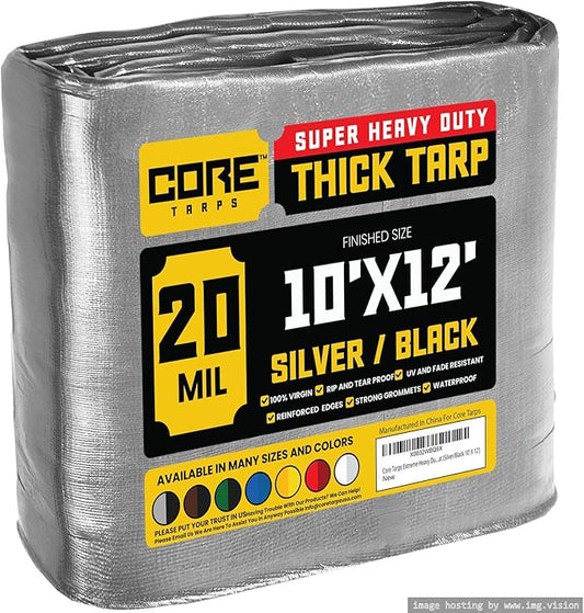 Core Tarps Extreme Heavy Duty 20 Mil Tarp Cover, Waterproof, UV Resistant, Rip and Tear Proof, Poly Tarpaulin with Reinforced Edges for Roof, Camping, Patio, Pool, Boat (Silver/Black 10′ X 12′)