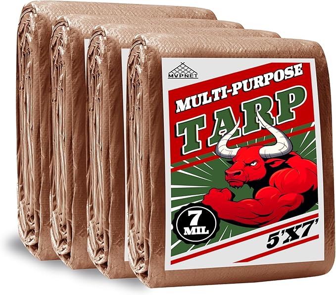 Tarp 5x7(4 Packs) ft 100% Waterproof 7mil Durable Grommets and Reinforced Edges,Uv Resistant,Green/Brown Tarp,Emergency Rain Shelter,Outdoor Cover and Camping Use -by MVPNET
