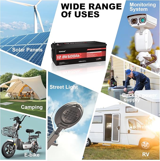12V 600Ah LiFePO4 Battery, Built-in 200A BMS, 7680Wh Energy 10000+ Deep Cycles Rechargeable 12 Volt Battery Perfect for RV, Solar System, Off Grid, Home Energy Storage