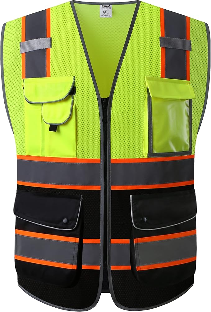 JKSafety 9 Pockets High Visibility Dual Color Zipper Front MESH Lite Safety Vest | Orange Color Triming Reflective Strip | ANSI/ISEA Standards (100-Yellow-Black, XL)