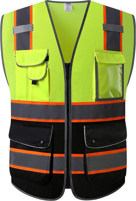 JKSafety 9 Pockets High Visibility Dual Color Zipper Front MESH Lite Safety Vest | Orange Color Triming Reflective Strip | ANSI/ISEA Standards (100-Yellow-Black, XL)