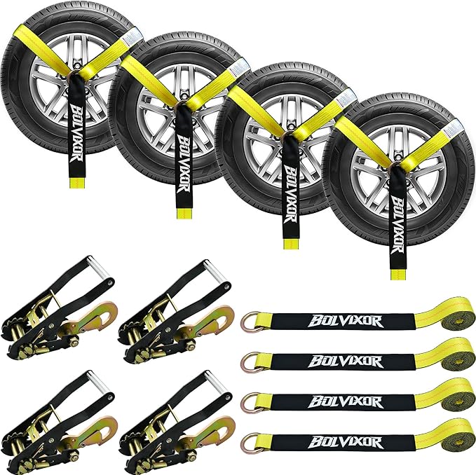 4 Pack Car Tie Down Straps for Trailers - 2" x 96" - 9900LBS Break Strength - Tire Ratchet Strap with Snap Hooks - Adjustable Wheel Straps for Hauling UTV, SUV, Truck, Any Cars