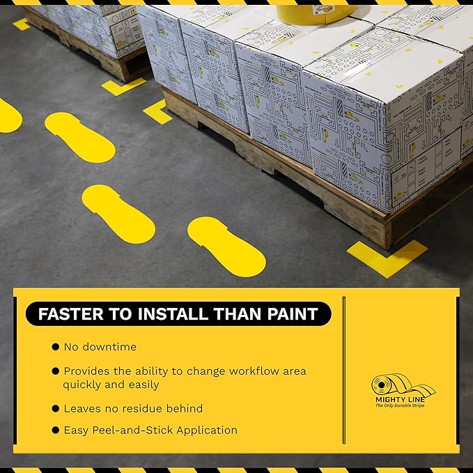 Mighty Line Big Footprints Floor Marking Tape for Safety, Caution, Warning, Heavy-Duty, Peel and Stick, Adhesive, Industrial Quality, 12" Long x 5" Wide, Yellow, Pack of 50