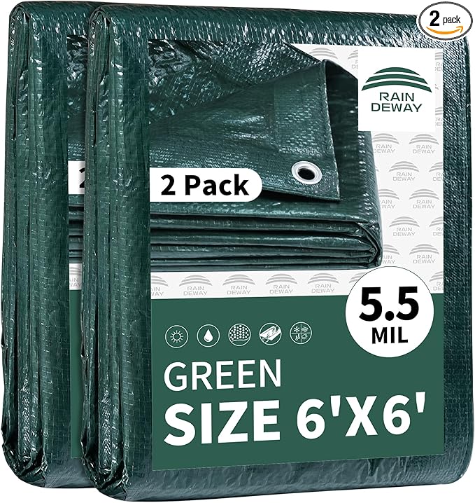 RAINDEWAY Tarps 6x6 Feet(2 Pack),Small Tarp Waterproof,5.5 Mil Thick, Multipurpose Waterproof Poly Tarp Cover with Metal Grommets and Reinforced Edges,Green Tarps