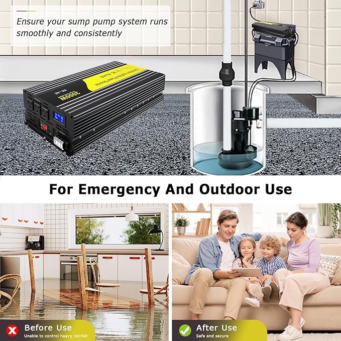 2000W Sump Pump Battery Backup Power System Basment Protection Sump Pump Inverter with LCD Display and Automatic Battery Backup Switching for Basement Emergency and Power Outage Backup (Black)