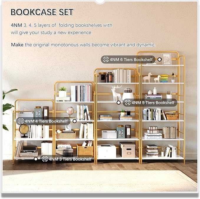 4NM No Assembly Folding Bookshelf, 5 Tiers Collapsible Book Shelves Open Industrial Foldable Storage Bookcase Shelf for Bedroom, Living Room, Home Office - White and Gold