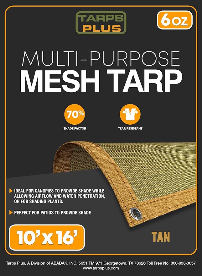 UV Resistant Tan Mesh Tarps 10' x 16' - Rip & Tear Proof Resistant Polyethylene Mesh for Plant Garden, Greenhouse House Patio, Car, Truck, Boat or RV, 70% Sunblock Shade