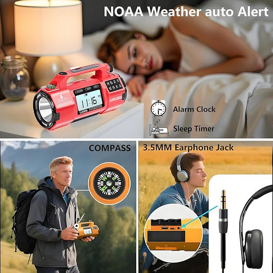 NOAA Emergency Weather Radio, AM/FM/SW Solar Hand Crank Radio with Larger Flashlight/Speaker, Clock, 5000mAh Battery Operated Radio with SOS Alert for Indoor/Outdoor Camping