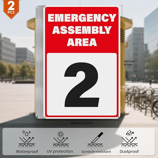 2 Pack Emergency Assembly Area 2 Sign 18 × 12 Inches Aluminum Metal Reflective Safety Signage with Pre-Drilled Holes for Business Construction Site Warehouse