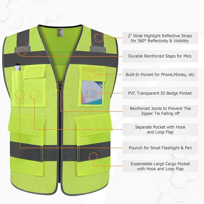 TCCFCCT Mesh Hi Vis Vest 5 Pockets High Visibility Reflective Safety Vest for Men Women, Neon Construction Vest with Horizontal Strip for Walkie-talkie and ID Card, Meets ANSI/ISEA Standards, Yellow,
