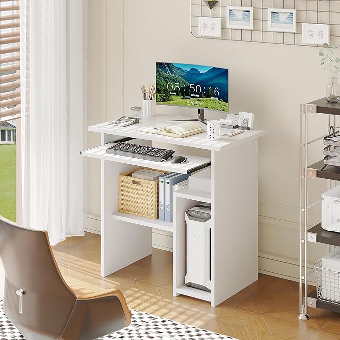 ALISENED Home Office Computer Desk with Monitor Stand Keyboard Tray, 31.5 Inch Study Writing Desk Small PC Laptop Table with Storage Shelves, Modern Workstation for Small Spaces Save Space, White B