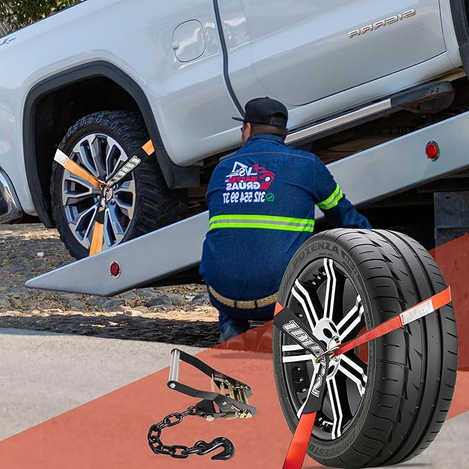 4 Pack Car Tie Down Straps for Trailers with Heavy Duty Chain Anchors 2" x 96" - 3,300 lbs Safe Working Load -Adjustable Wheel Straps with Chain Hook Anchors for Trailers.Red