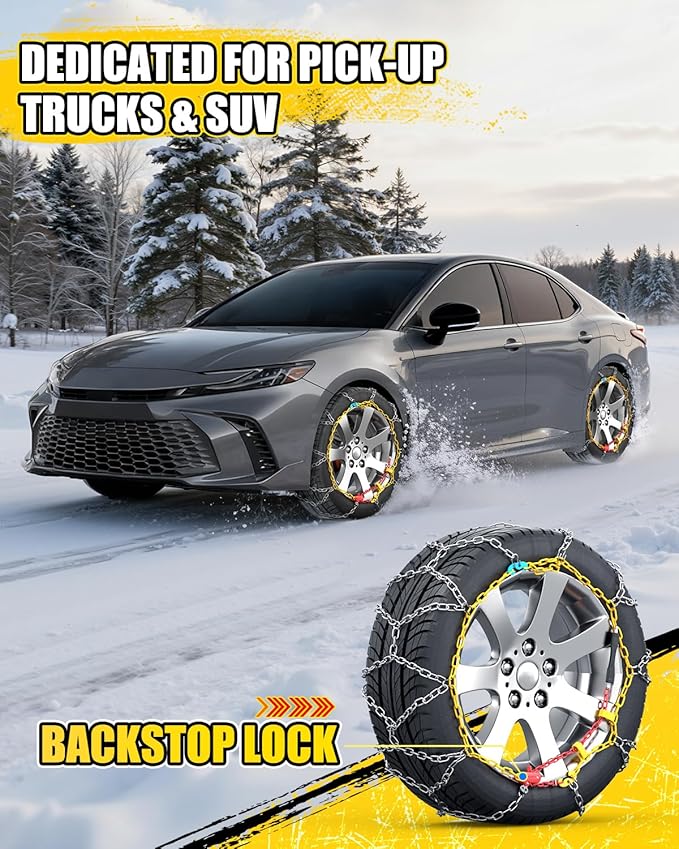Snow-Chains Easy Install Tire-Chains, One-Pull Fit Design Tire Snow Chains for Passenger Cars, Sedan, SUVs, Emergency Winter Tire Traction Car Tires 235 245 255 275 - Set of 2 (KN140)