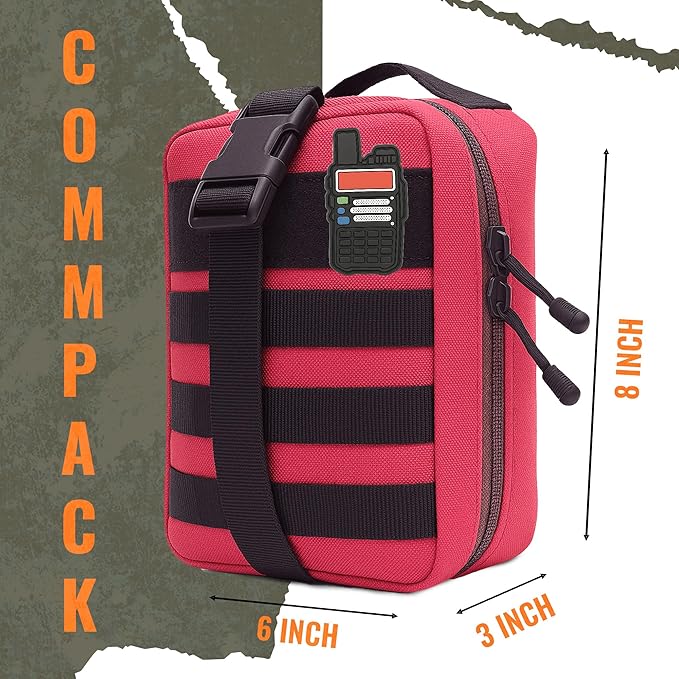 Ham Radio Go Bag in Red Colour with Tear-Away Velcro Back - Molle Compatible, Multi-Pocket Design for Radios, Cables, and Gear