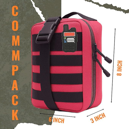 Ham Radio Go Bag in Red Colour with Tear-Away Velcro Back - Molle Compatible, Multi-Pocket Design for Radios, Cables, and Gear