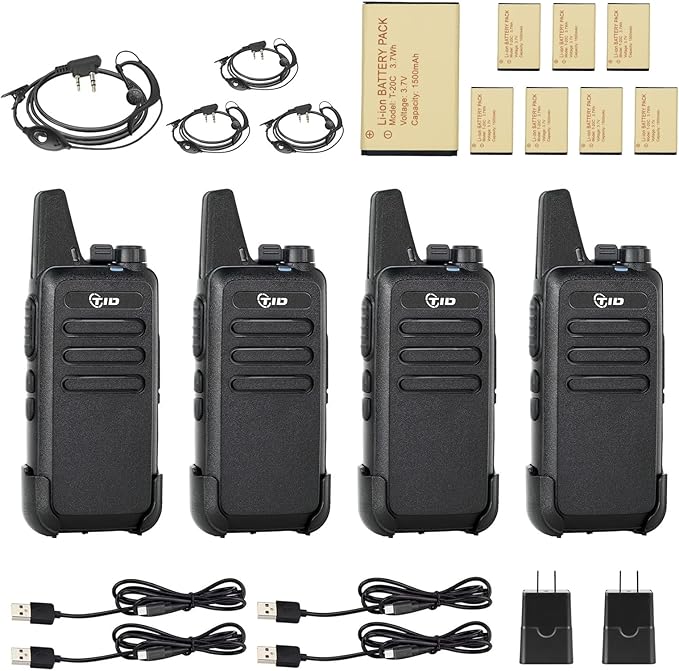 TIDRADIO TD-M8s Long Range Walkie Talkies for Adults with 4 Earpieces and 8 Batteries, Portable 22 Channels FRS Two-Way Radios, Mini Compact for Hotel Church School Retail Restaurant (4 Pack)