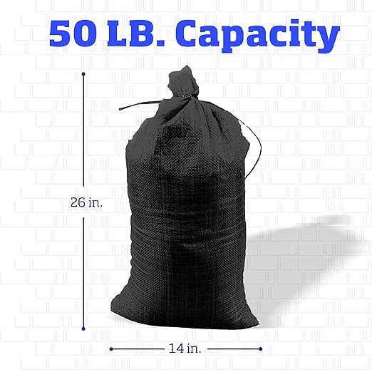 DURASACK Heavy Duty Sand Bags with Tie Strings Empty Woven Polypropylene Sand-Bags for Flood Control with 1600 Hours of UV Protection, 50 lbs Capacity, 14x26 inches, Black, Pack of 10