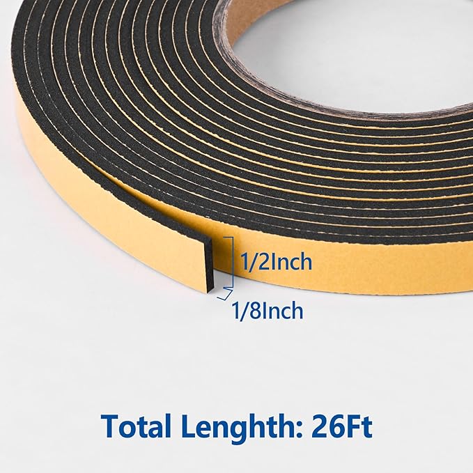 Self Adhesive Foam Tape Weatherstrip 1/2in x 1/8in x 26Ft High Density Foam Insulation Strips Foam Seal Weather Stripping with Strong Adhesive for Door and Window Sound Isolation Soundproofing